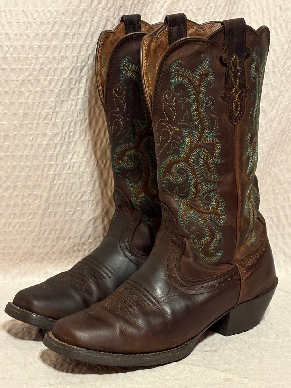 Justin Stampede Brown Leather Teal Embroidered Women’s 7.5 Cowboy Boots PLZ READ